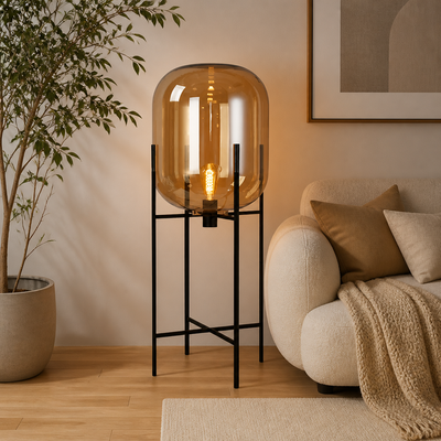 Scandinavian Glass & Iron Floor Lamp