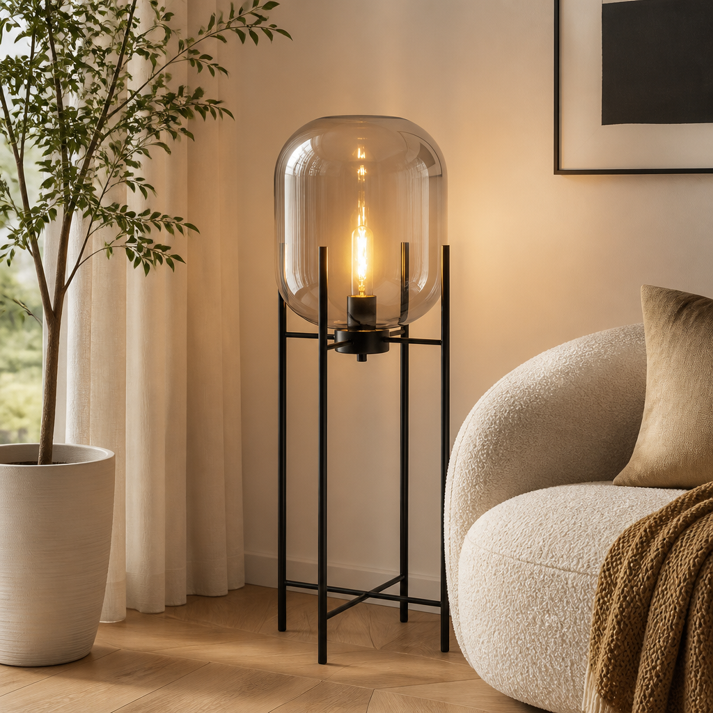 Scandinavian Glass & Iron Floor Lamp