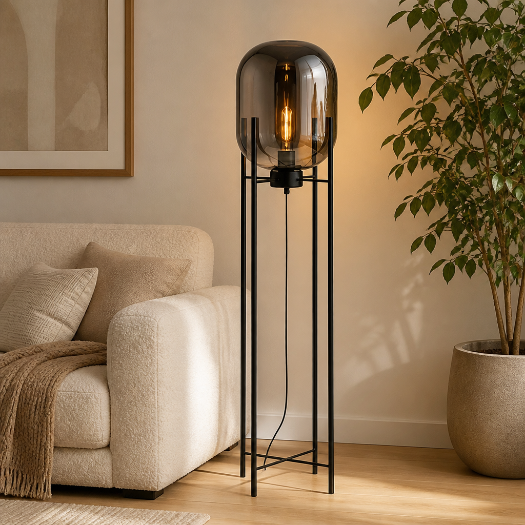 Scandinavian Glass & Iron Floor Lamp