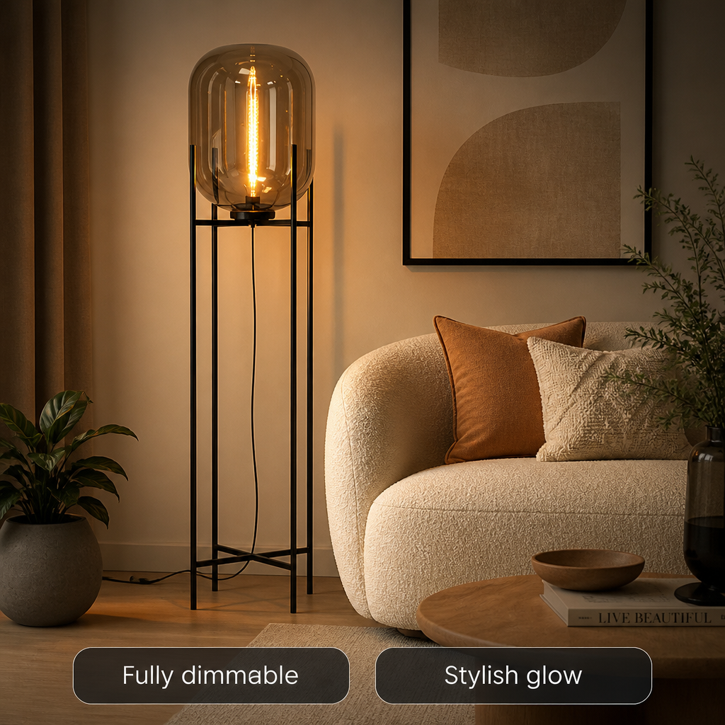 Scandinavian Glass & Iron Floor Lamp
