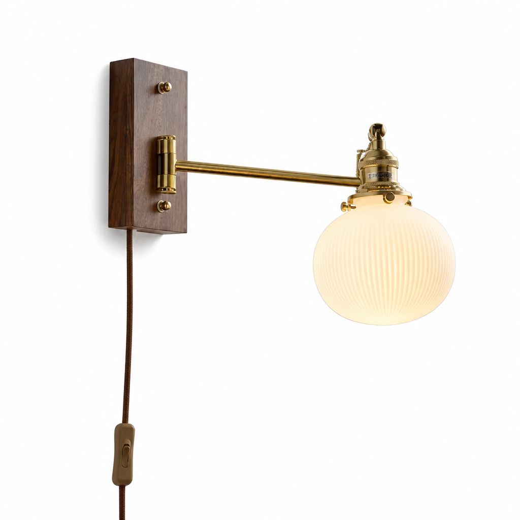 Scandinavian Walnut Wood Rotating Arm Wall Sconce