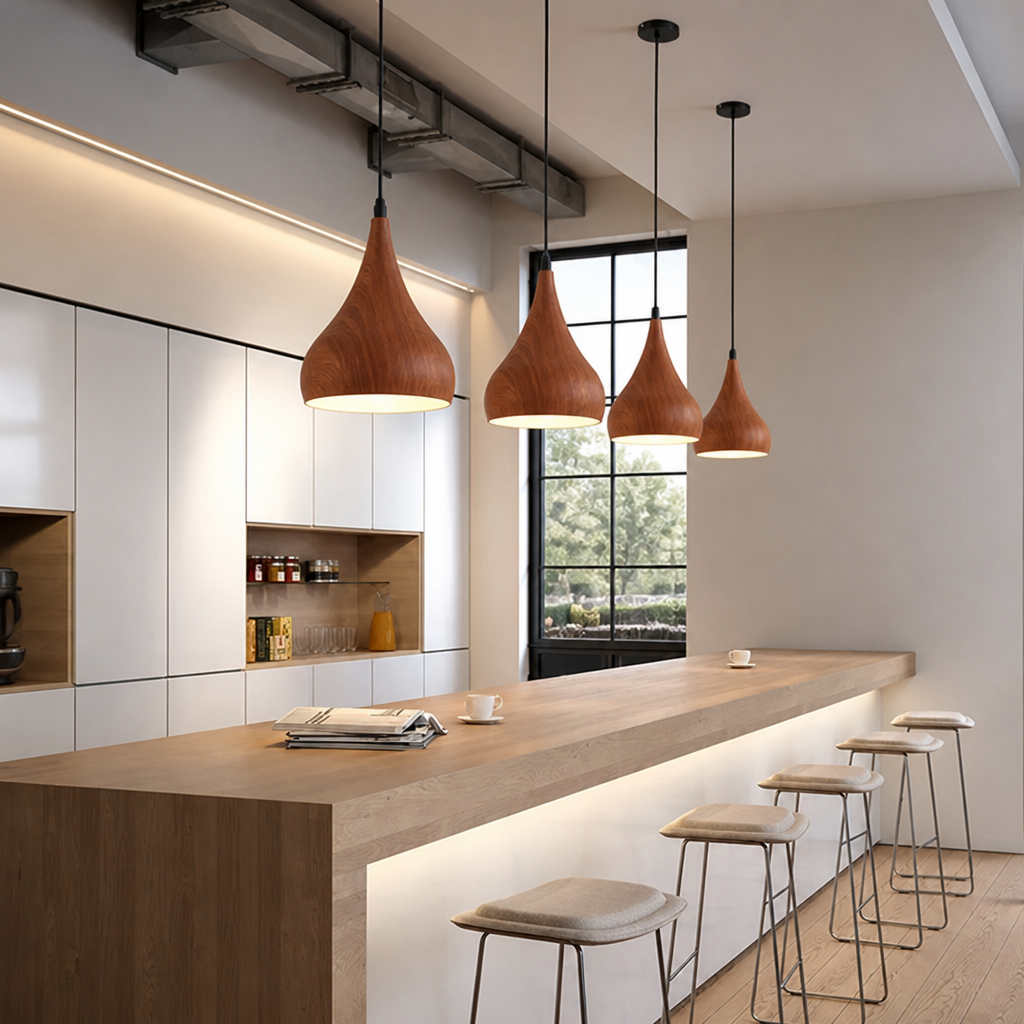 Scandinavian Walnut Wood Semi-Circular Pendant Light