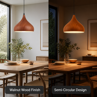 Scandinavian Walnut Wood Semi-Circular Pendant Light