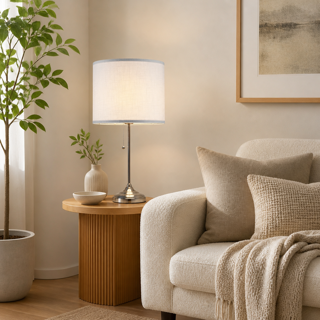 Scandinavian White Fabric Drum Table Lamp