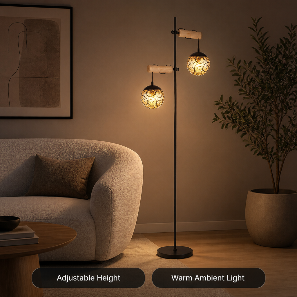 Scandinavian Wood Amber Glass Floor Lamp