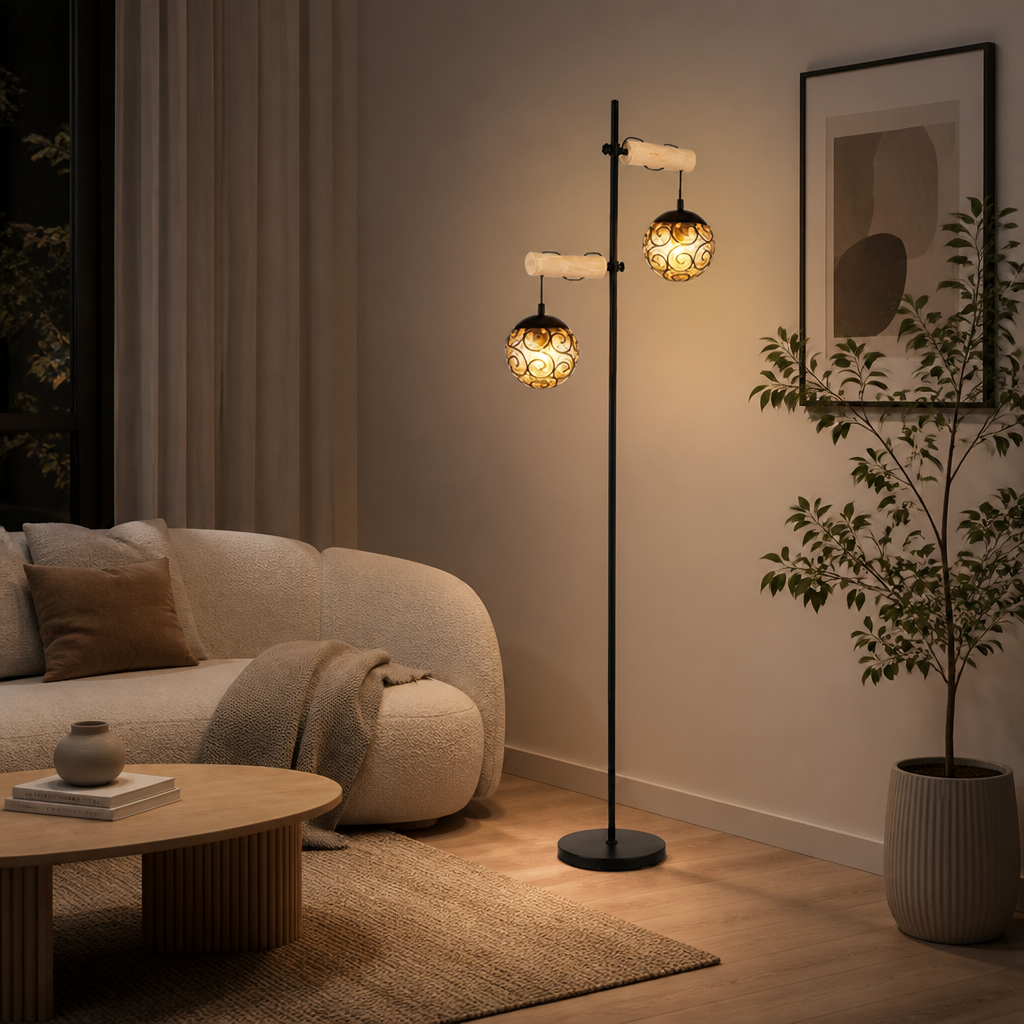 Scandinavian Wood Amber Glass Floor Lamp
