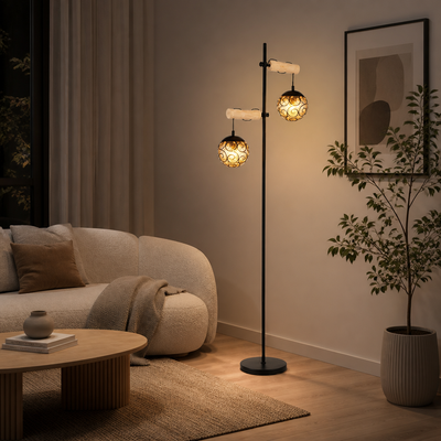 Scandinavian Wood Amber Glass Floor Lamp