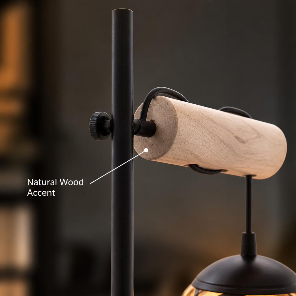 Scandinavian Wood Amber Glass Floor Lamp