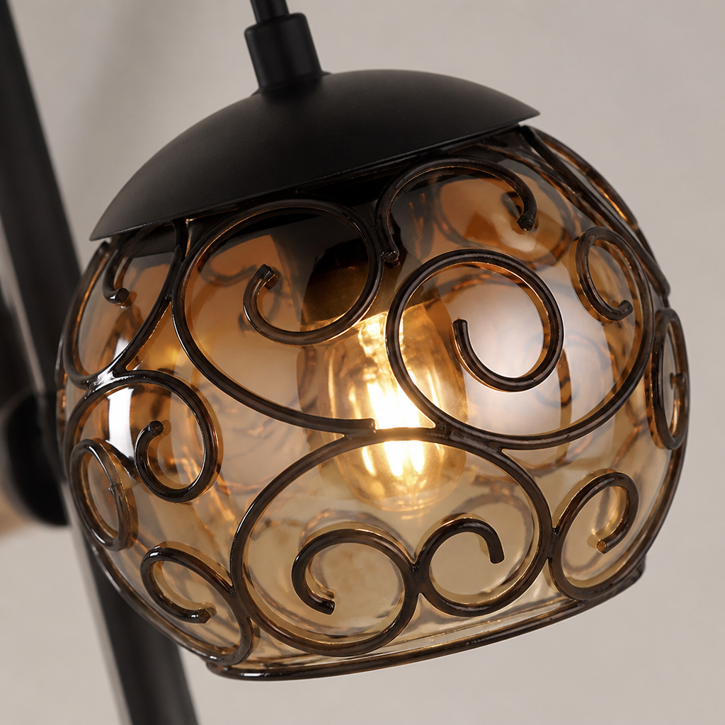 Scandinavian Wood Amber Glass Floor Lamp