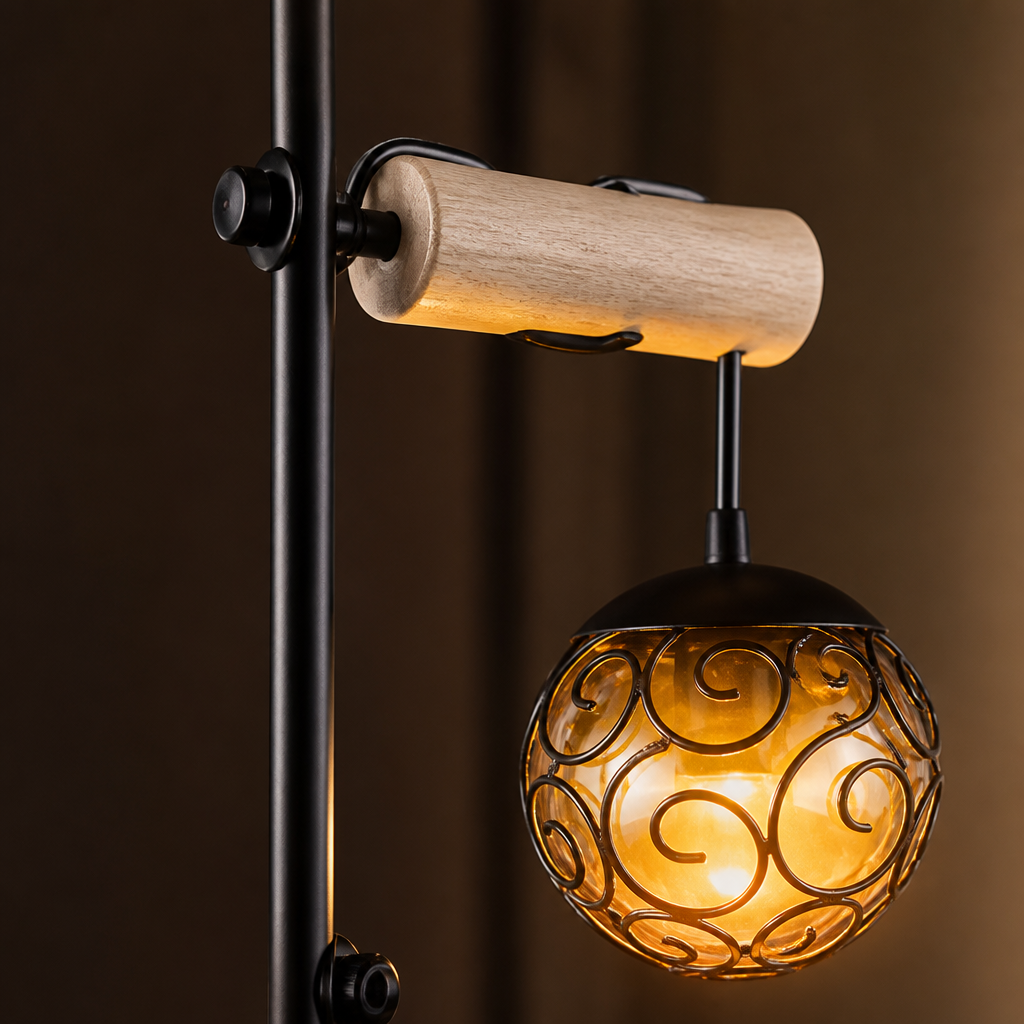 Scandinavian Wood Amber Glass Floor Lamp