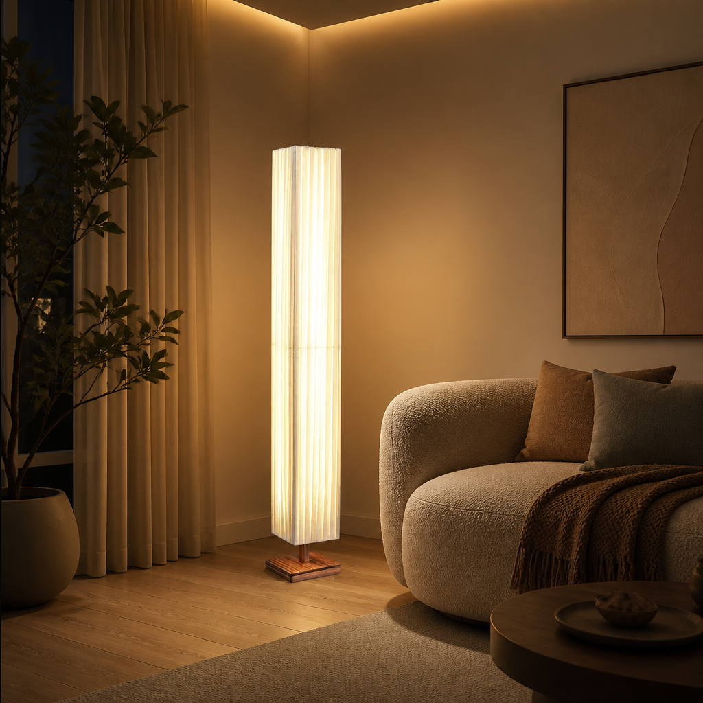 Scandinavian Wood LED Fabric Shade Floor Lamp
