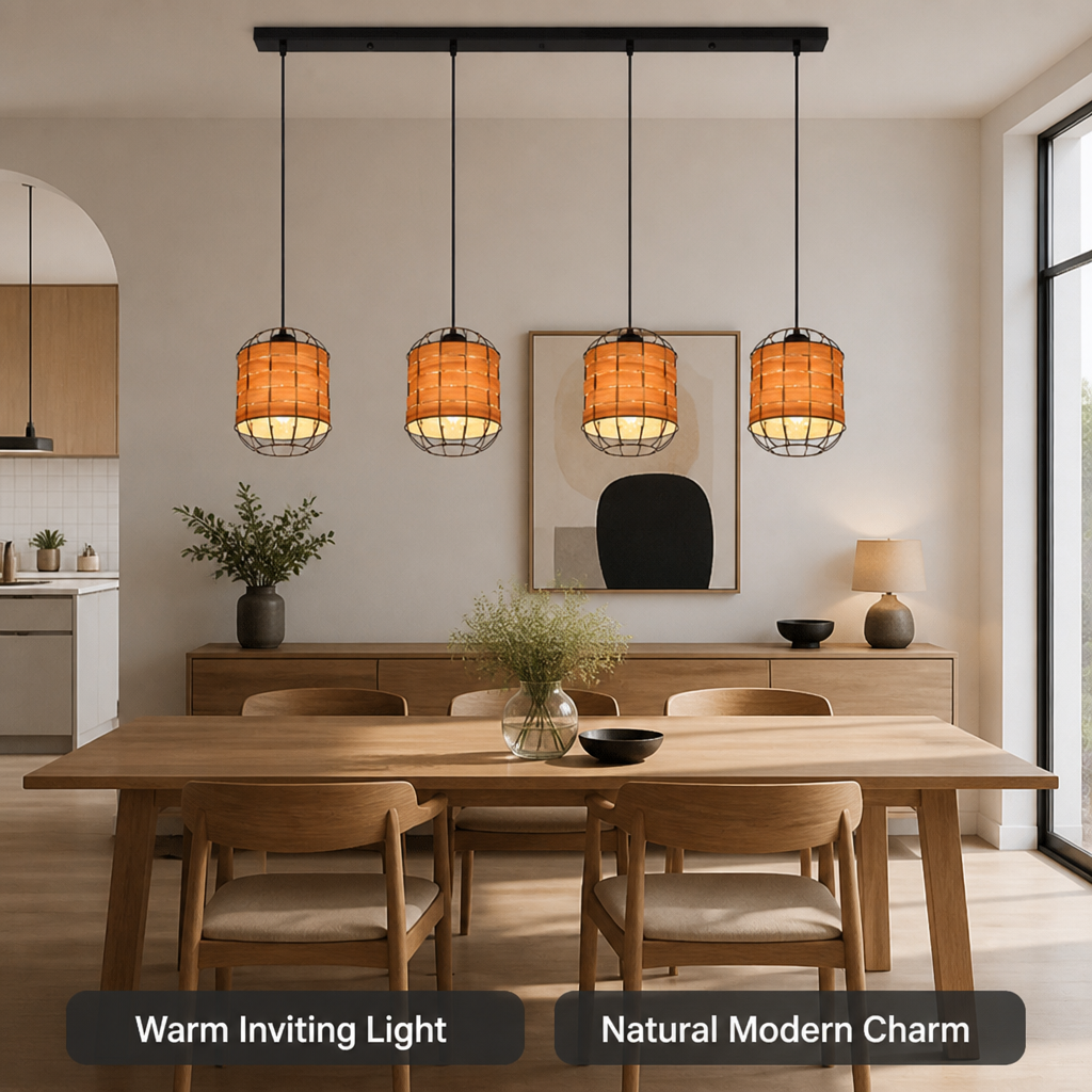 Scandinavian Wood-Look Grid Shade Pendant Light