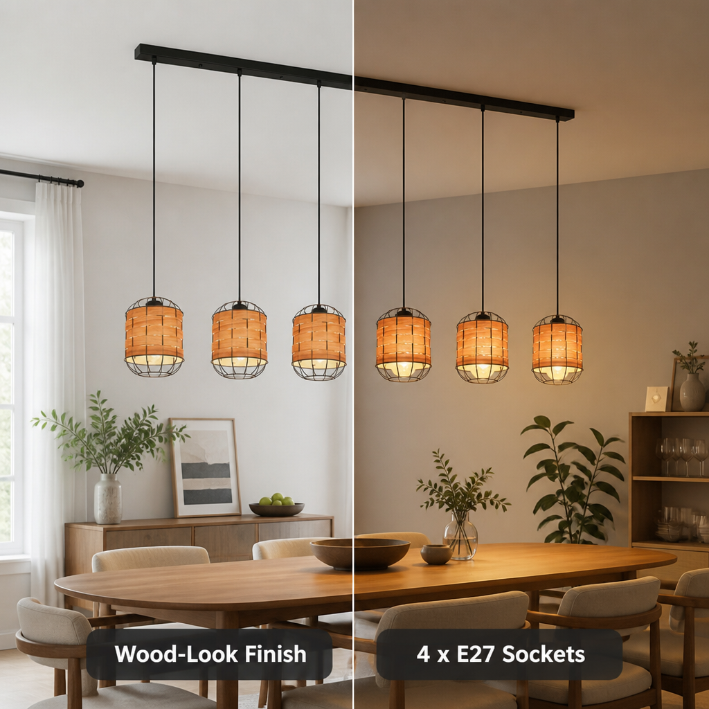 Scandinavian Wood-Look Grid Shade Pendant Light