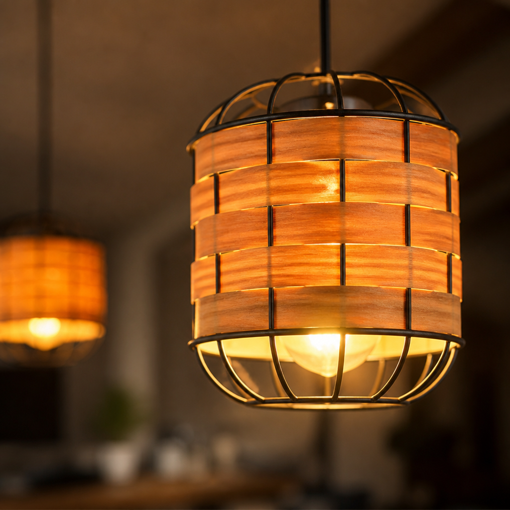 Scandinavian Wood-Look Grid Shade Pendant Light