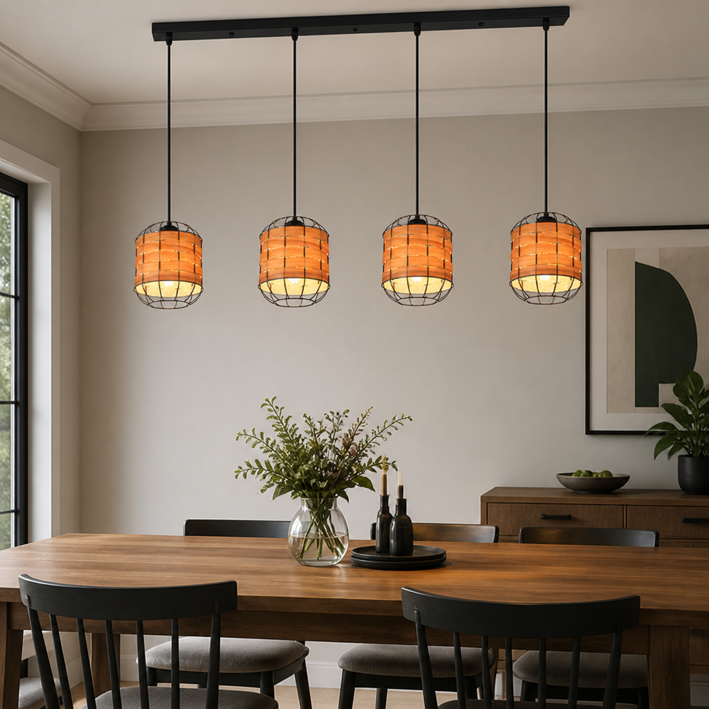 Scandinavian Wood-Look Grid Shade Pendant Light