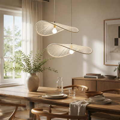 Set of 2 Boho Rattan Pendant Light