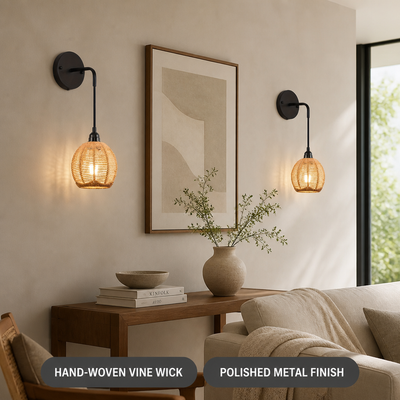 Set of 2 Boho Woven Vine Semi-Flush Wall Sconces