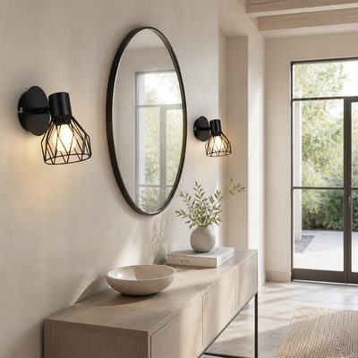 Set of 2 Industrial Metal Wire Cage Wall Sconces