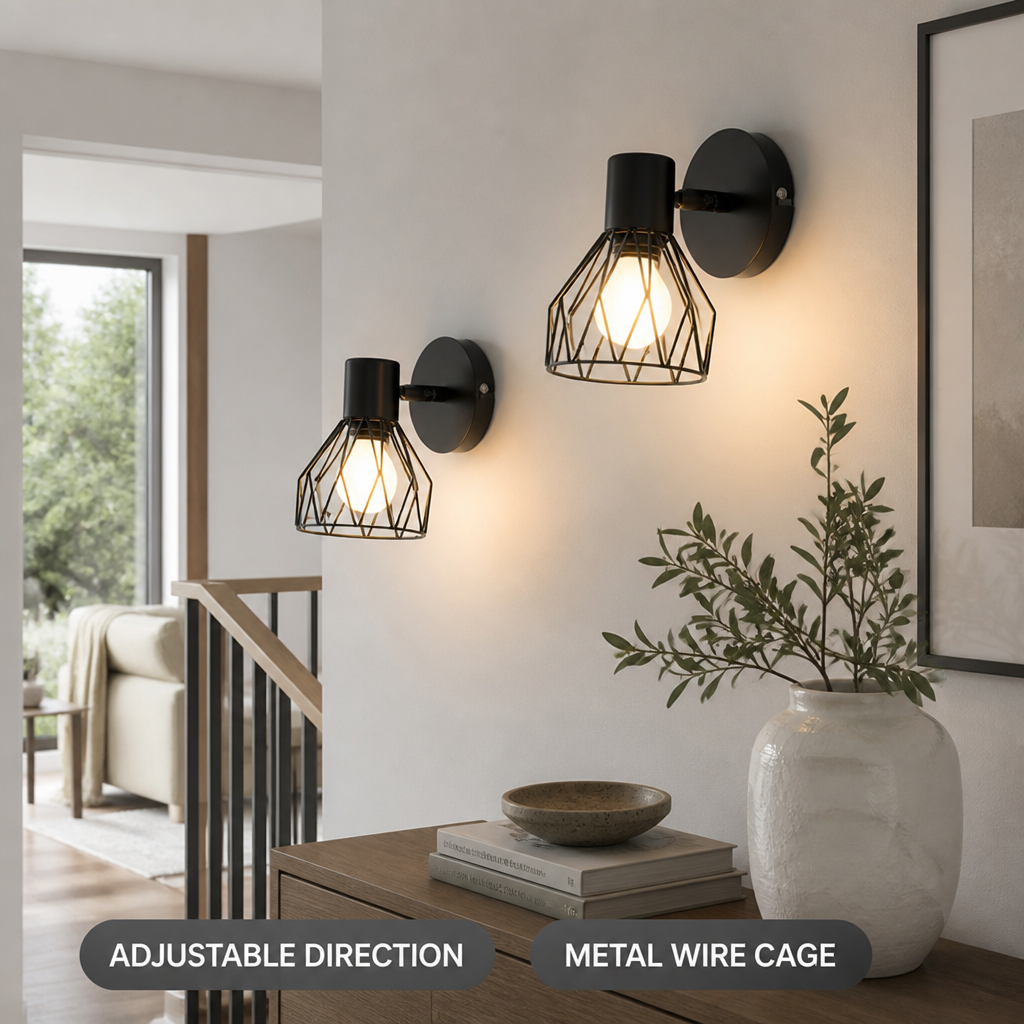 Set of 2 Industrial Metal Wire Cage Wall Sconces