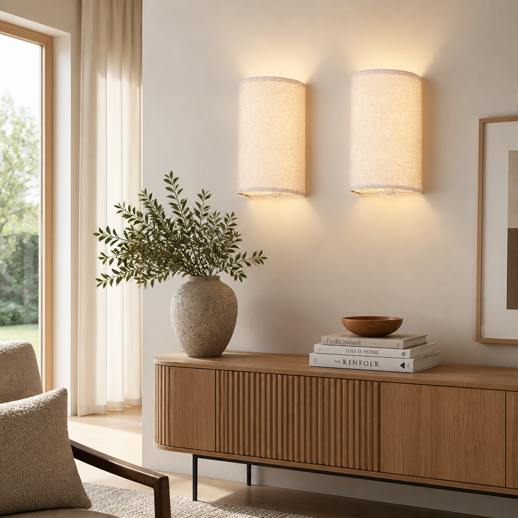 Set of 2 Linen LED Remote Wall Sconces
