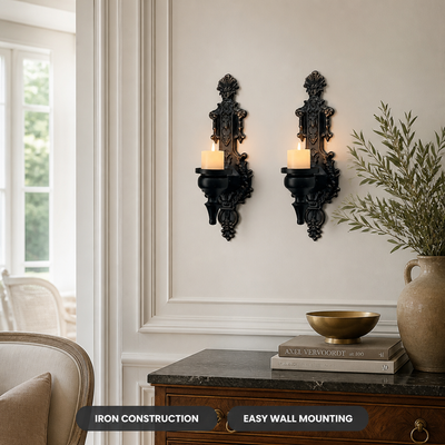 Set of 2 Vintage Iron Embossed Wall Sconces