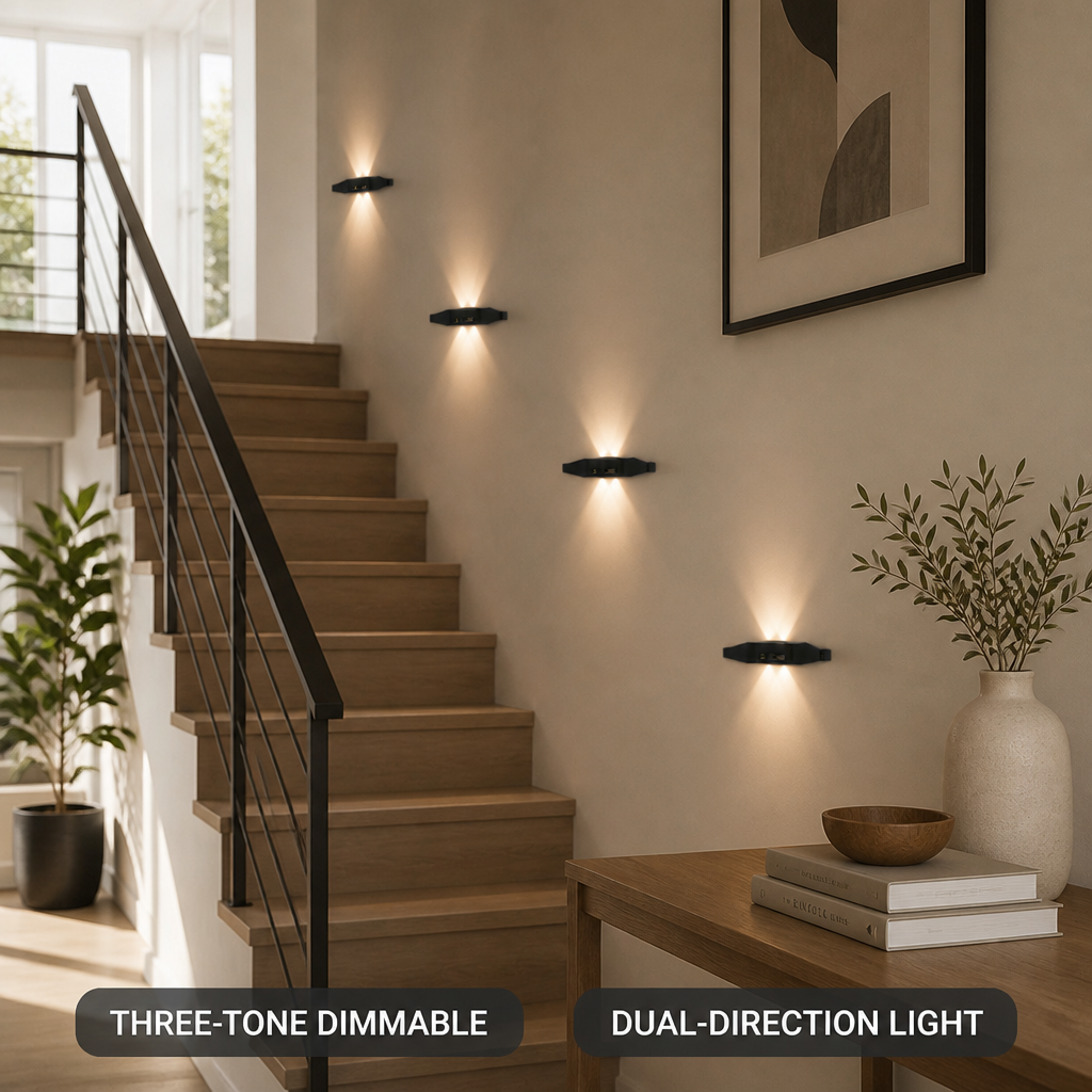 Set of 4 Minimalist Black LED Up & Down Wall Sconces