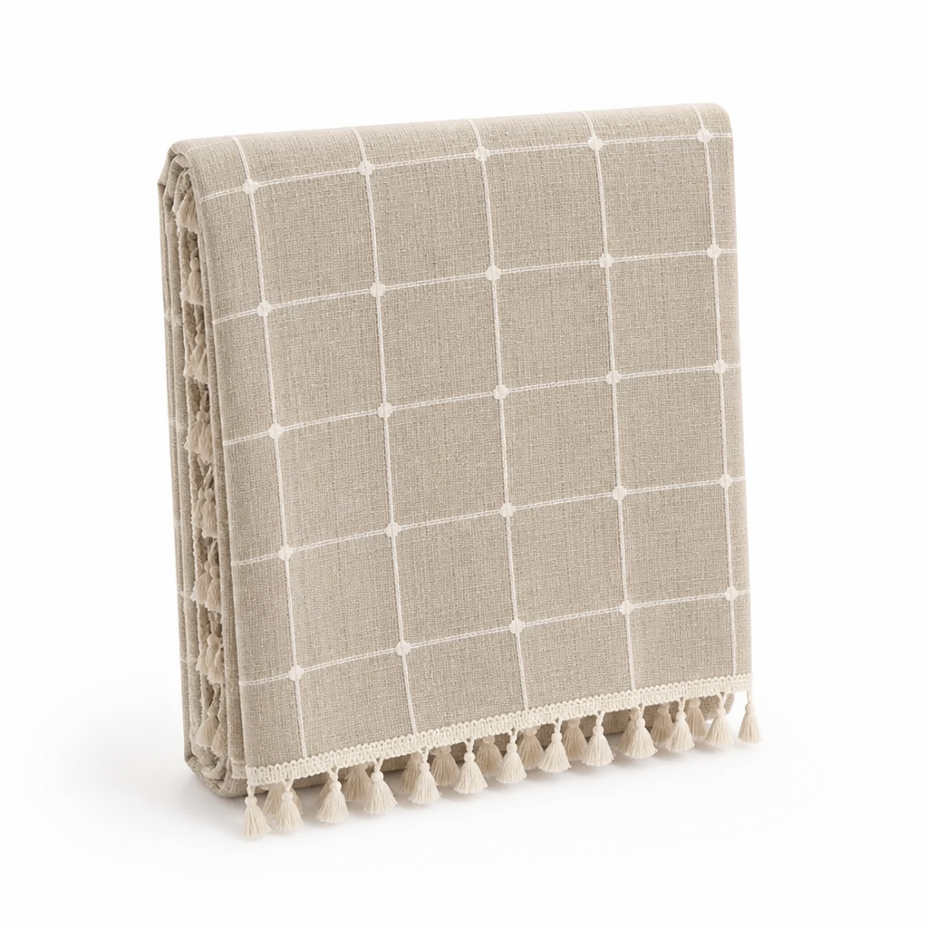 Shower Curtain Checkered Woven Polyester Tassels