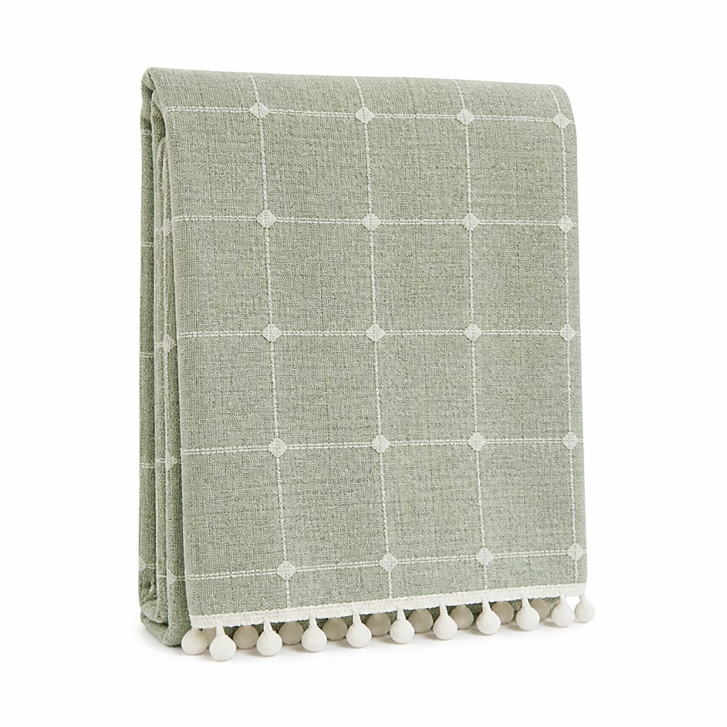 Shower Curtain Checkered Woven Polyester Tassels