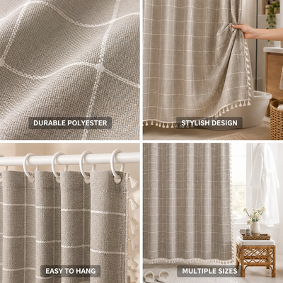 Shower Curtain Checkered Woven Polyester Tassels
