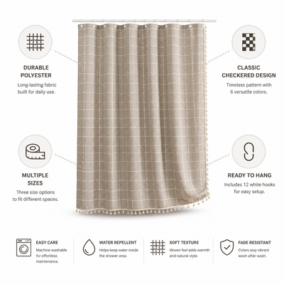 Shower Curtain Checkered Woven Polyester Tassels