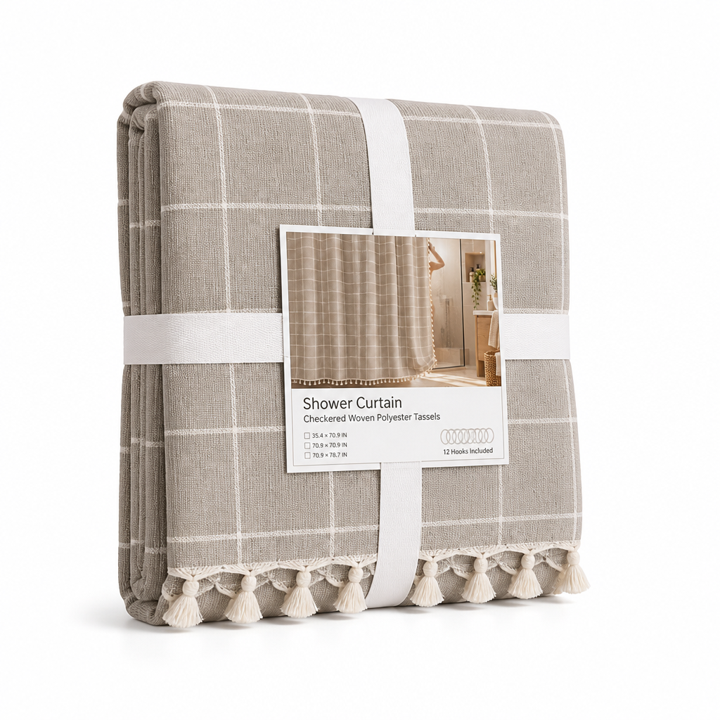 Shower Curtain Checkered Woven Polyester Tassels