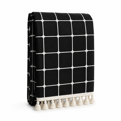 Shower Curtain Checkered Woven Polyester Tassels