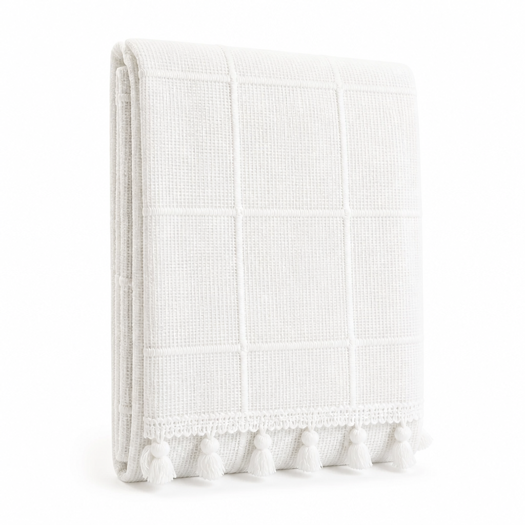 Shower Curtain Checkered Woven Polyester Tassels
