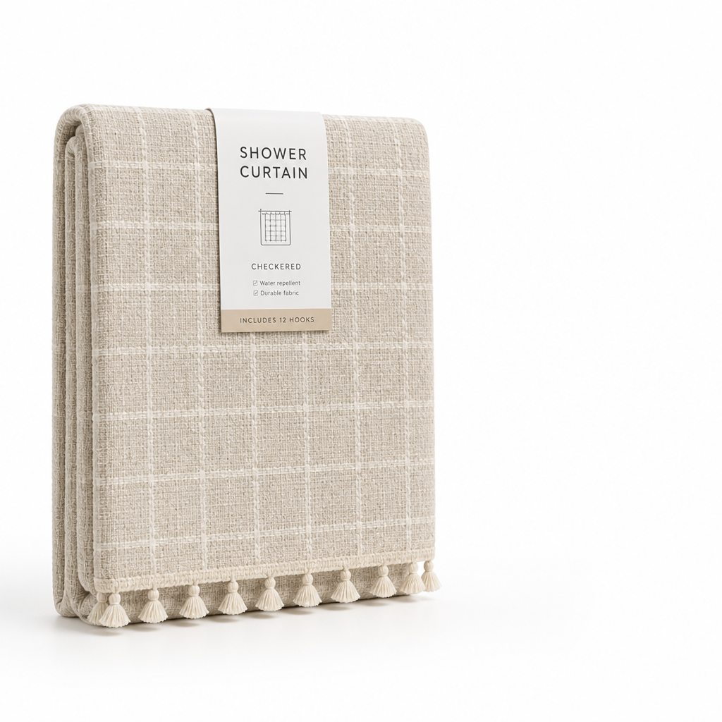 Shower Curtain Checkered Woven Polyester Tassels