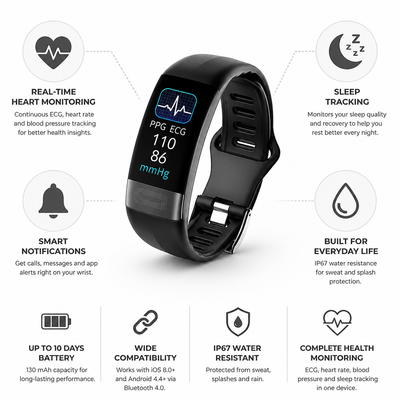 Smartwatch ECG & Blood Pressure Sleep Tracking 10-Day Battery