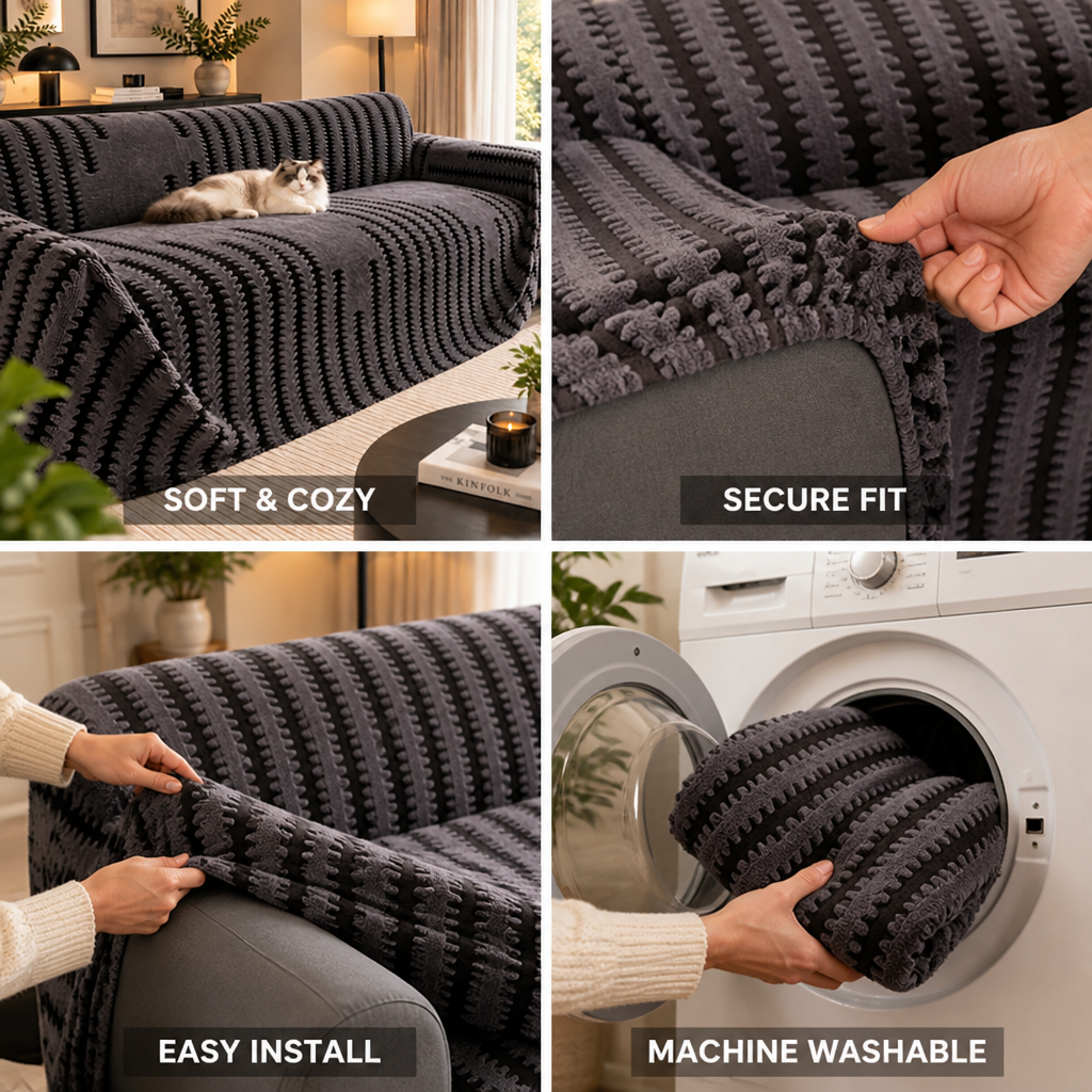 Sofa Cover Sherpa Fleece Anti-Slip Elastic Corners