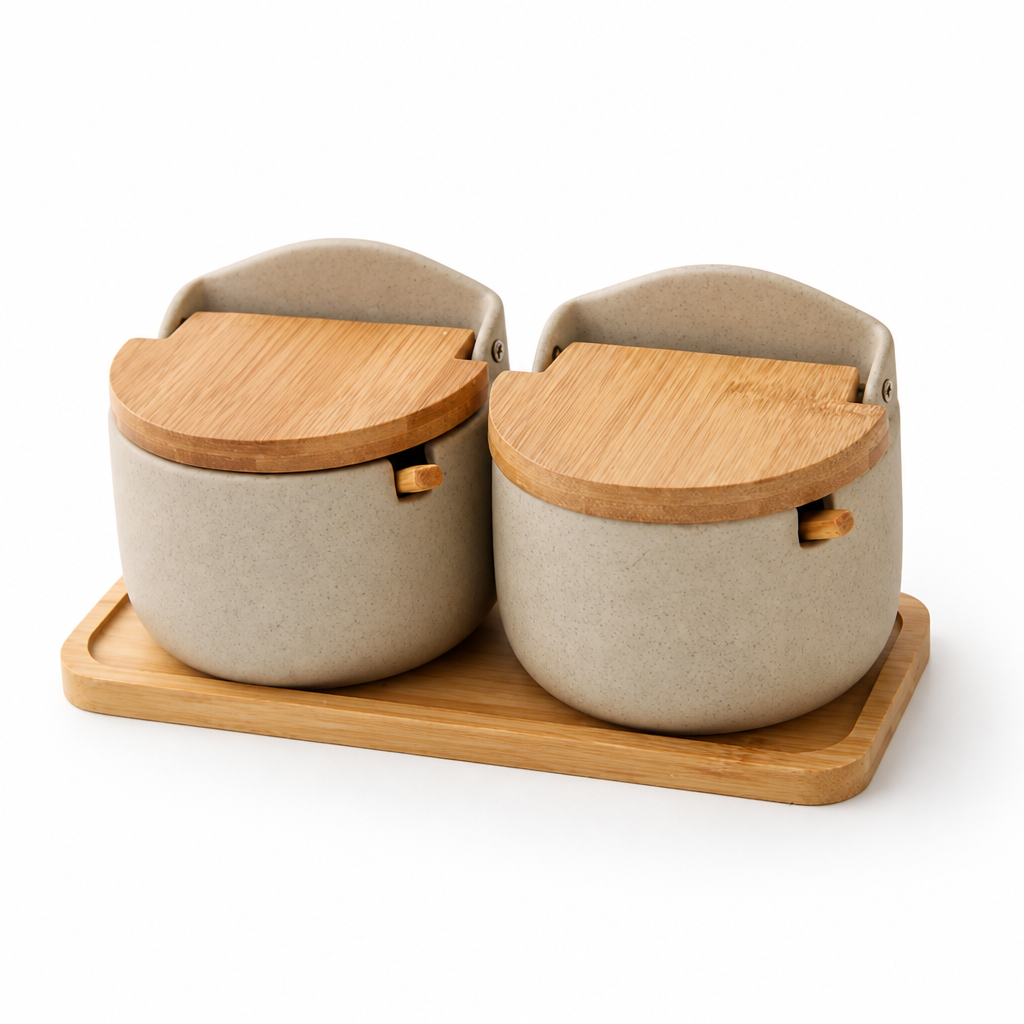 Spice Jar Set Ceramic With Bamboo Lids & Spoons