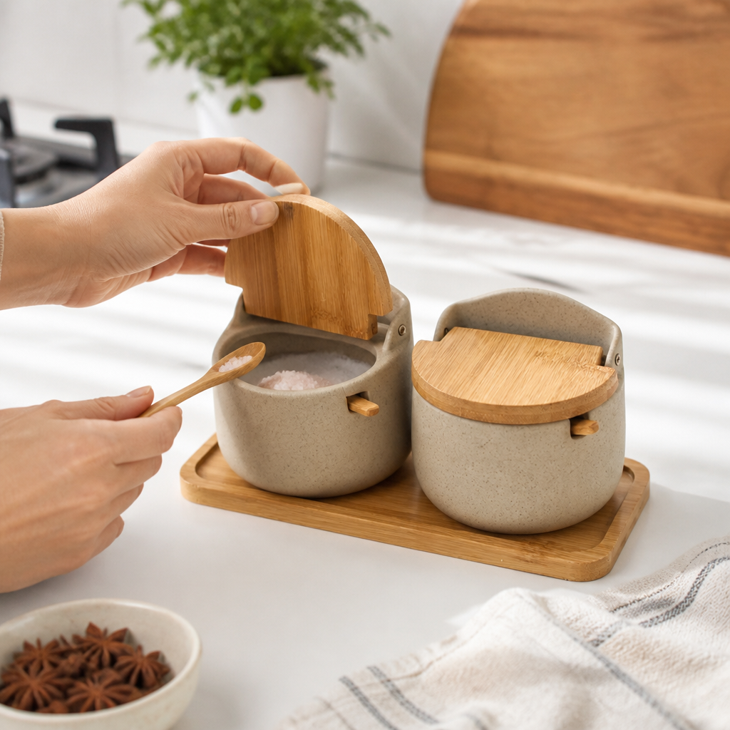 Spice Jar Set Ceramic With Bamboo Lids & Spoons