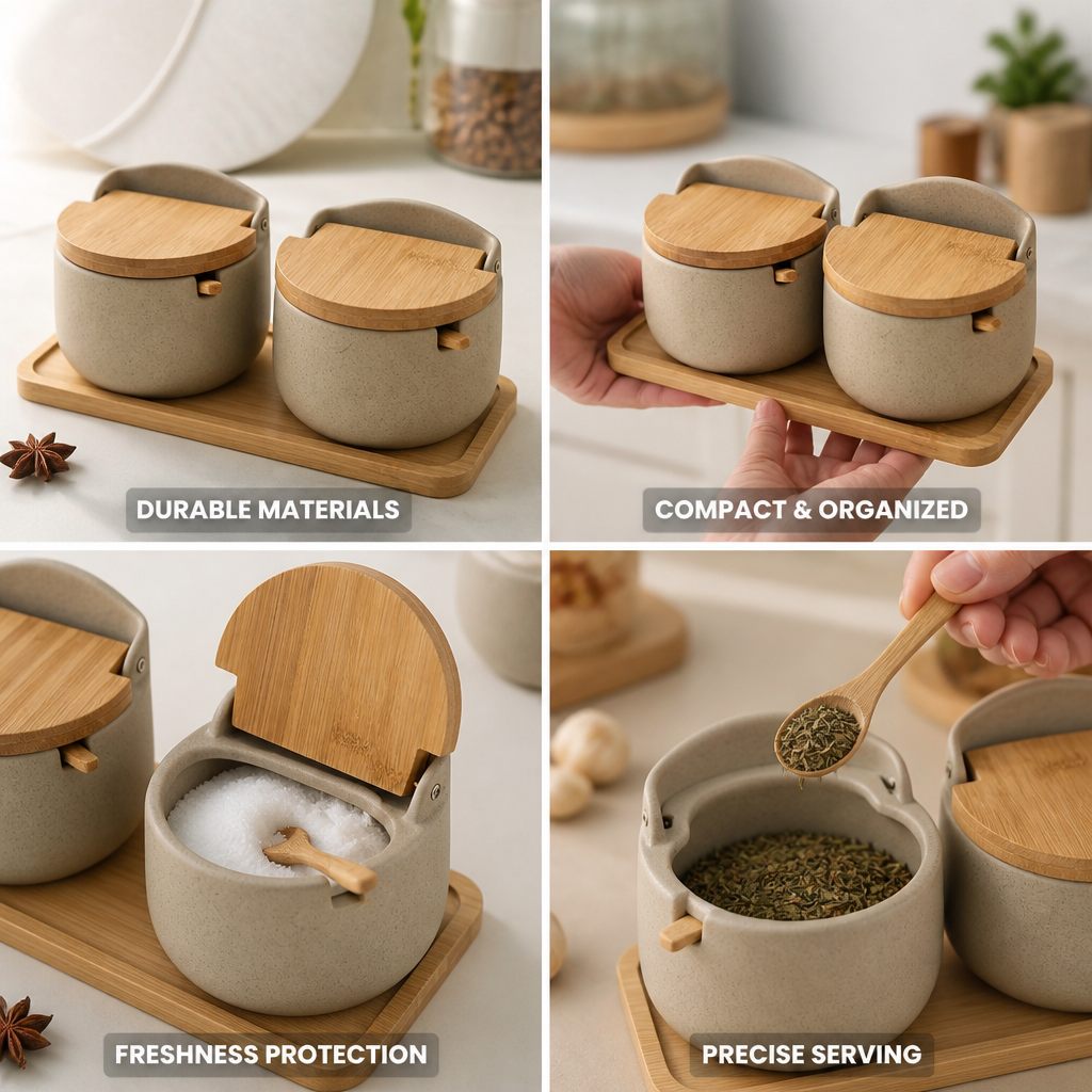 Spice Jar Set Ceramic With Bamboo Lids & Spoons
