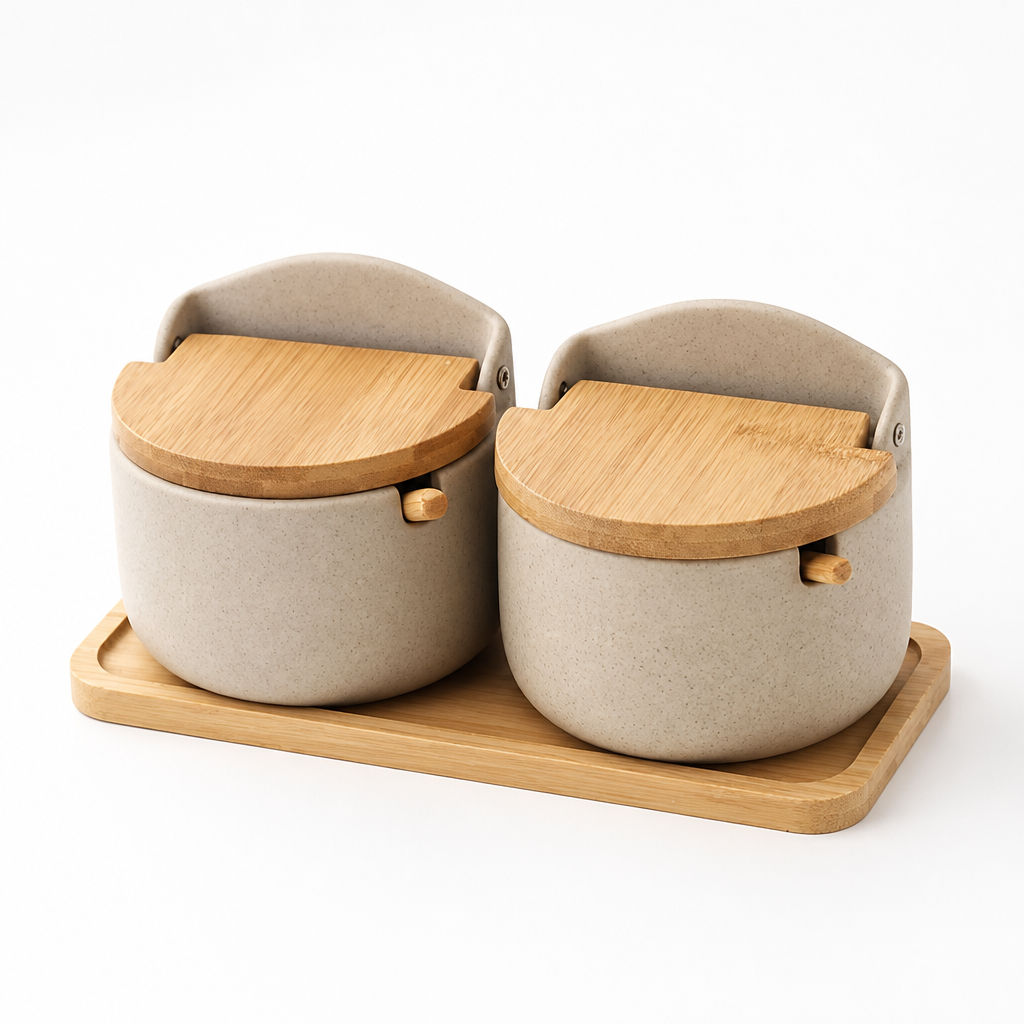 Spice Jar Set Ceramic With Bamboo Lids & Spoons