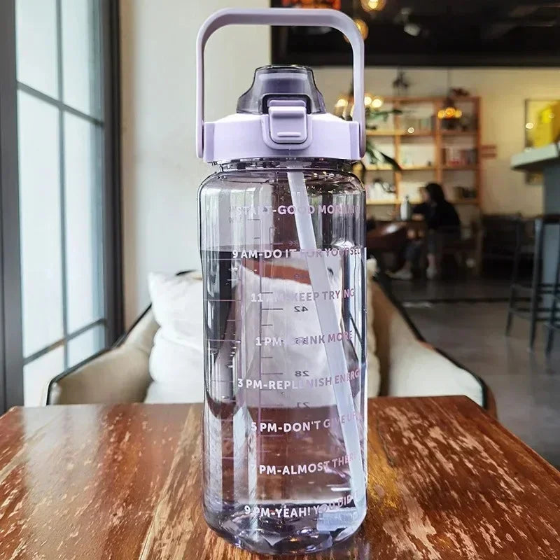 Sports Water Bottle Integrated Straw & Time Markings 2L