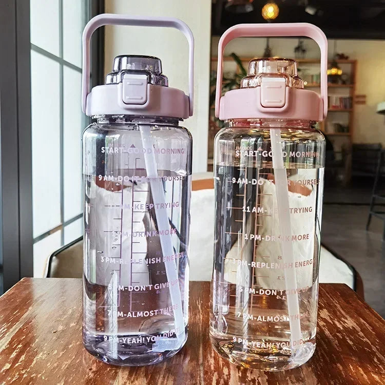 Sports Water Bottle Integrated Straw & Time Markings 2L
