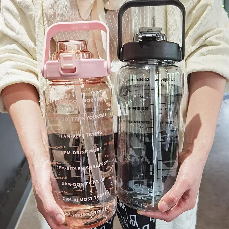 Sports Water Bottle Integrated Straw & Time Markings 2L