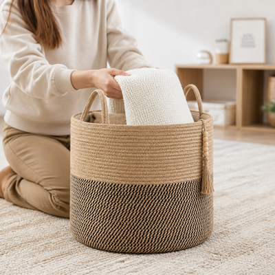 Storage Basket Handcrafted Macramé Foldable Cotton Rope Handles