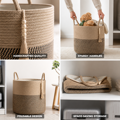 Storage Basket Handcrafted Macramé Foldable Cotton Rope Handles