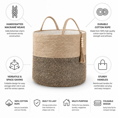 Storage Basket Handcrafted Macramé Foldable Cotton Rope Handles