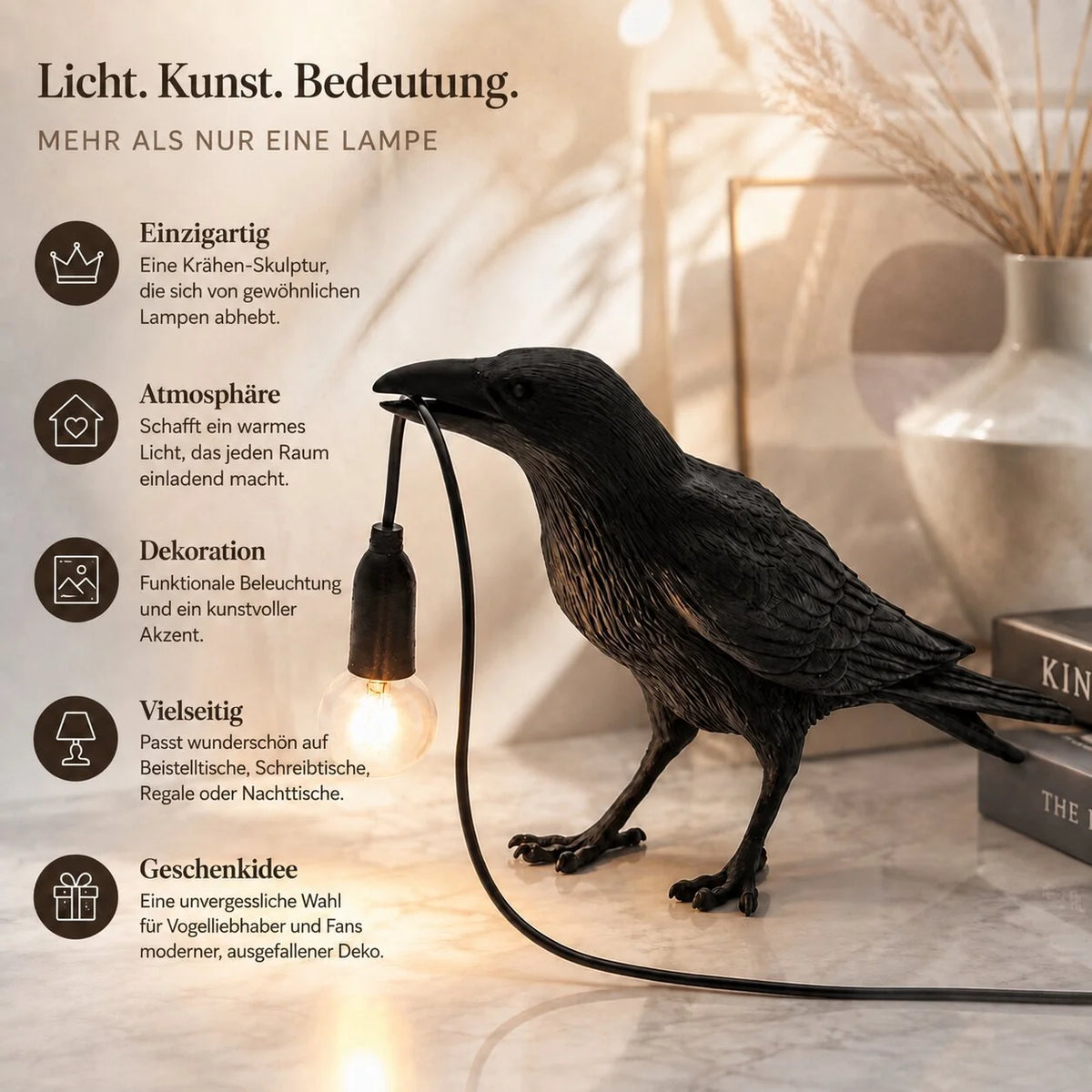 Table Lamp Resin Raven E27 Socket Warm Glow
