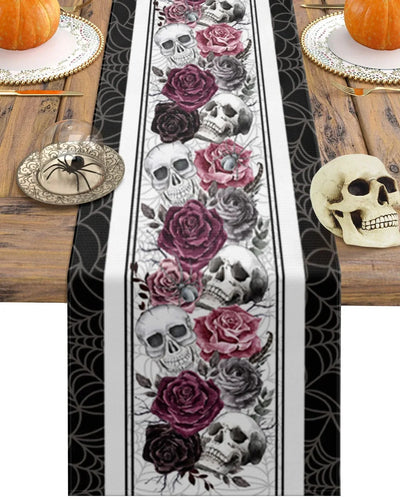 Table Runner Linen Blend Skull Rose & Crow Print