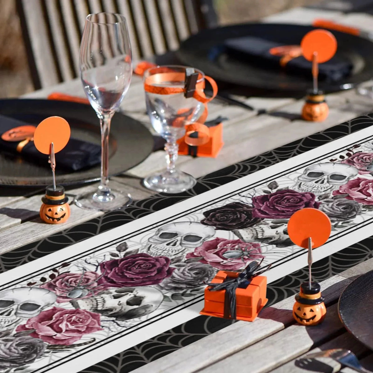 Table Runner Linen Blend Skull Rose & Crow Print