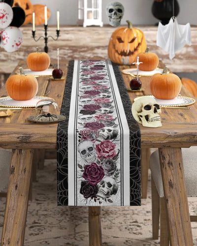 Table Runner Linen Blend Skull Rose & Crow Print